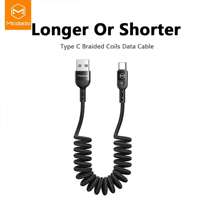 Mcdodo 1.8M Car Spring Extension Landline PD 60W Type C Cable for Samsung Huawei P50 Pro Xiaomi Fast Charging USB C Data Cable